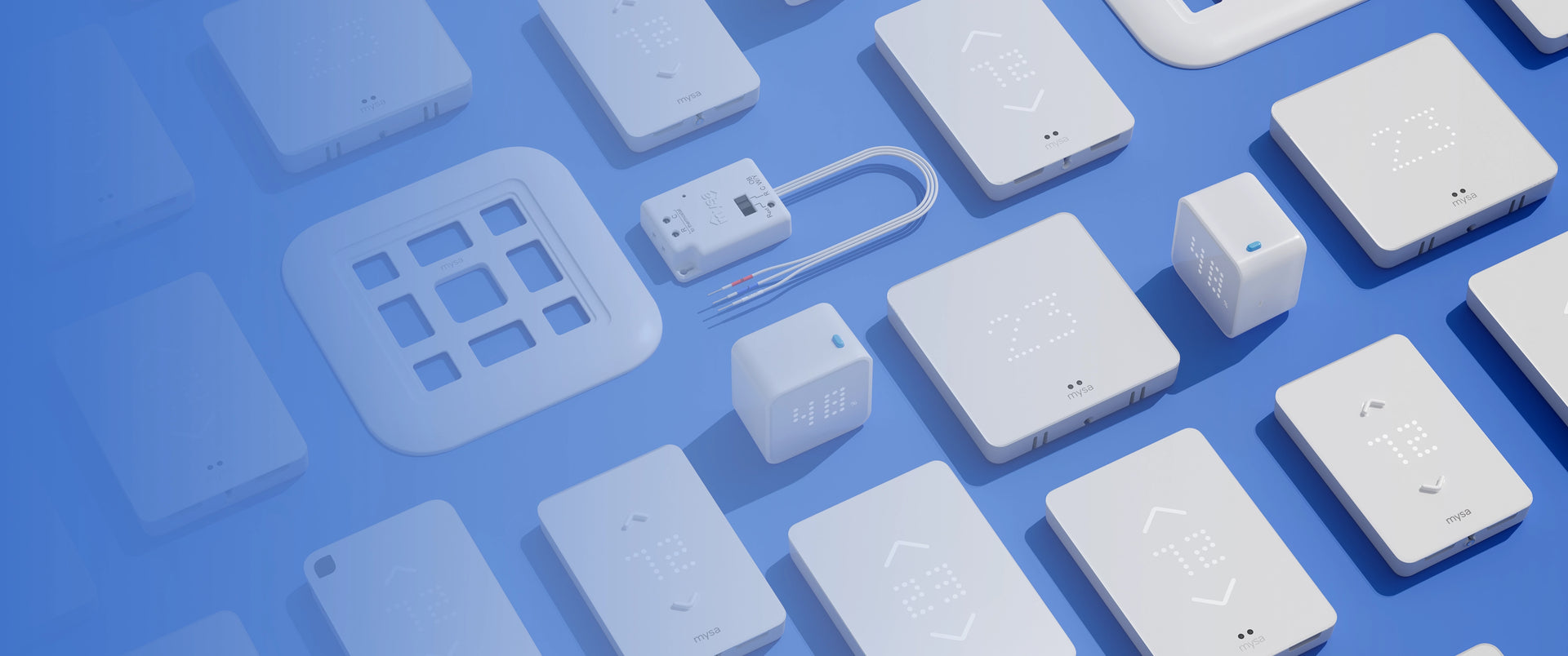 mix of Mysa products laid flat on a blue background