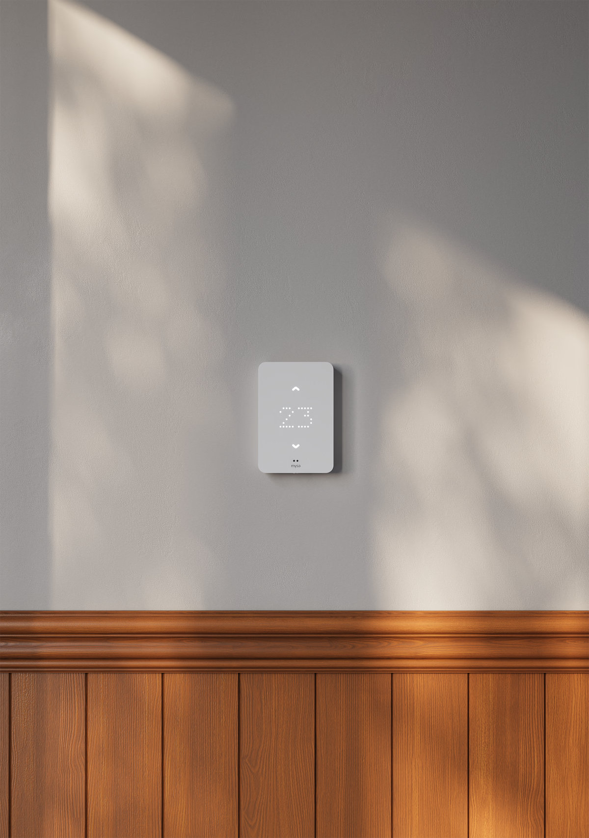 Mysa Gen3 thermostat on a wall above wood paneling